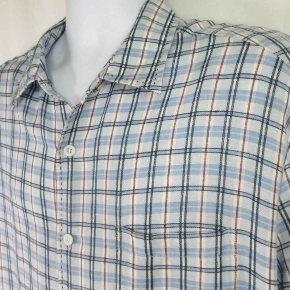 Cubavera Plaid Shirt  XXL Topstitched Blue Red White Linen Blend Cuffs
